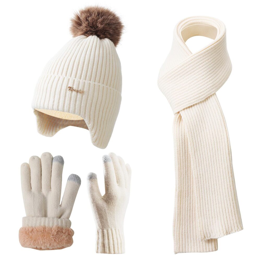 4123 Winter Beanie Hat Scarf and Gloves Set Earflap Girls Beige Earmuffs